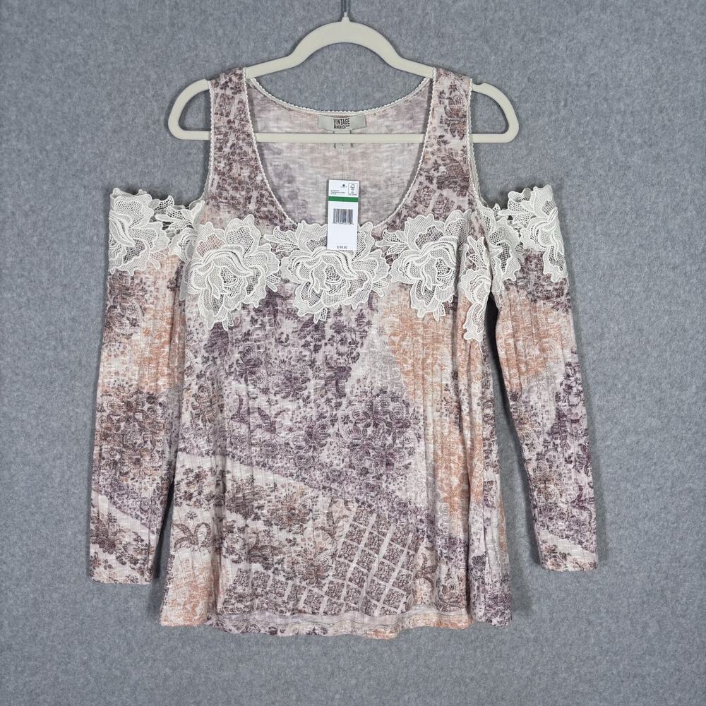 Vintage America Tunic Top Large Cream Floral Lace Ribbed Coquette Boho Cottage